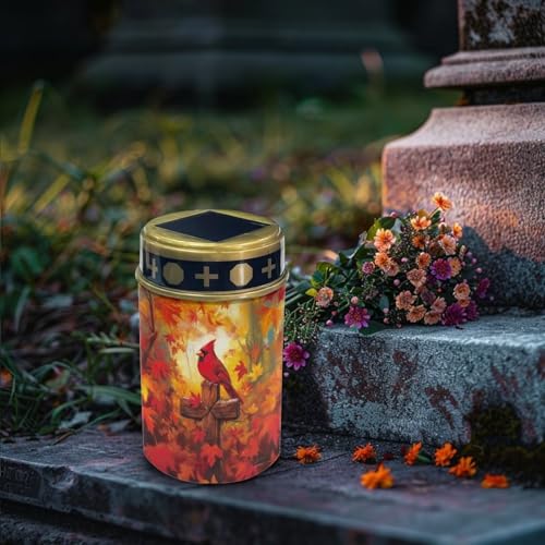 Image of Poceacles Cardinal Cross Maple Leaf Solar Outdoor Lights Solar Grave Candle Solar Cemetery Candles LED Automatic Flameless Candles Cemetery Outdoor Solar Lights for Loss of Dad, Set of 4
