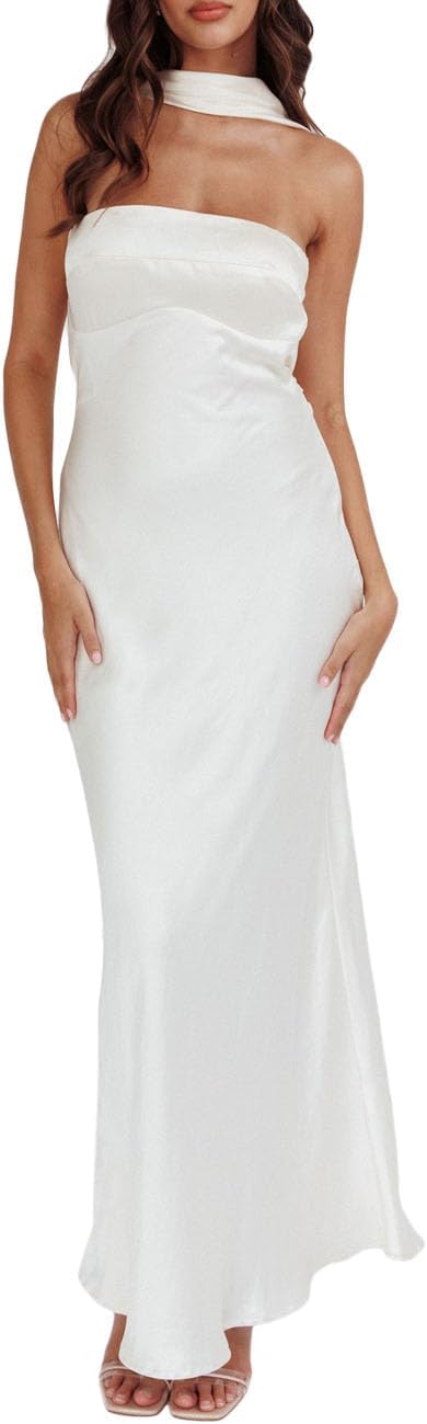 Women's Summer Satin Strapless Tube Top Maxi Dress Elegant Silk Backless Halter Neck Formal Party Dresses Wedding Guest