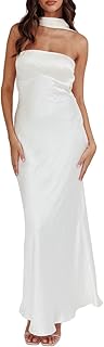 Women's Summer Satin Strapless Tube Top Maxi Dress Elegant Silk Backless Halter Neck Formal Party Dresses Wedding Guest