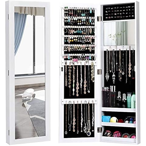 Giantex Jewelry Armoire Cabinet Wall Door Mounted with Full Length Mirror, Jewelry Organizer with Makeup Mirror, Ring Earring Slots, Necklace Hooks, Large Capacity Storage Jewelry Armoire (White) Cover