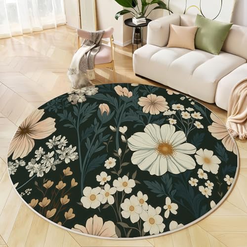 Tapis rond antidérapant doux 160cm vert à fleurs roses de salon