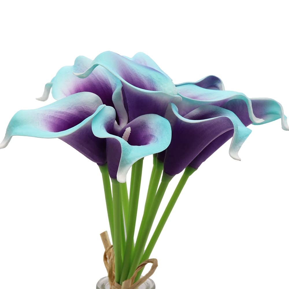 Mini Artificial Calla Lily 10 Stem Bridal Bouquets Artificial Latex Real Touch Flowers for Home Party Decor (Purple in Blue)