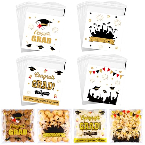 ZYLOP 100 Pcs Graduation Cookie Bags - 4 x 4 Self-Sealing Graduation Cellophane Treat Bags Plastic Mini Goodie Bags for Candy Small Gifts & Party Favors - Congrats Grad Party Decorations Supplies