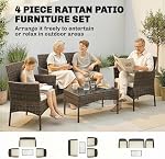 Ensemble de Mobilier de Patio en Osier Outsunny de 4 Pièces, Ensemble de Conversation en PE Rattan avec Canapé, 2 Chaises, Table Basse en Verre Trempé et Coussins pour Jardin, Porche, Balcon, Beige