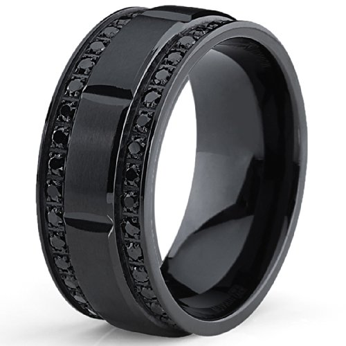9MM Men's Black Titanium Wedding Band Ring with Double Row Black Cubic Zirconia, Comfort Fit2