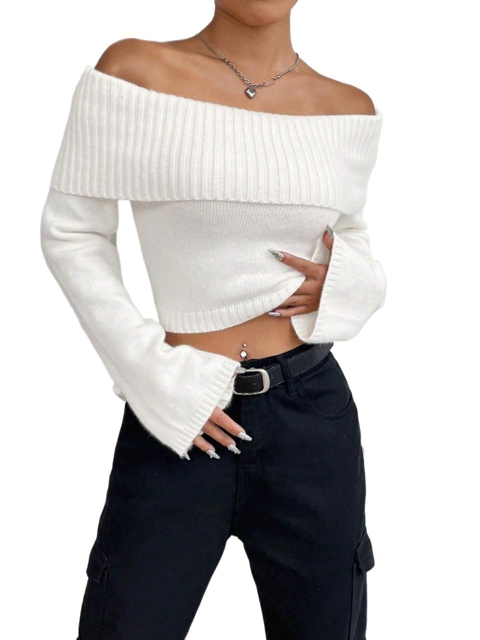 Womens Casual Pullover Fall Long Sleeve Cropped Sweater Top Solid Color Sweaters Off-The-Shoulder Outfits Clothing