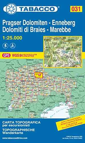 Pragser Dolomiten. Enneberg-Dolomiti di Braies. Marebbe. Carta topografica in scala 1:25.000. Ediz. italiana, inglese, francese e tedesca: Tabacco Wanderkarte 1:25000: 31