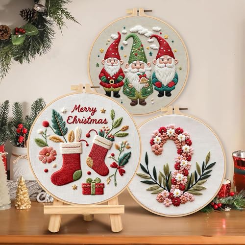 Image of LB Cute Christmas Embroidery Kit for Beginners Adults, 3 Sets Hand Embroidery Starter Kit with Gnome Pattern and Instructions Stamped Cross Stitch Kits Include Embroidery Hoop Needles Threads Scissors