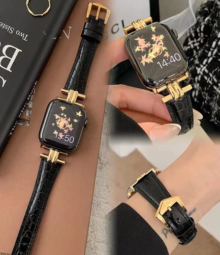Leather Bands Compatible Apple Watch Women Slim 38mm 40mm 41mm, Jullstar Leather Strap with I-Shape Metal Stainless Steel Buckle Fashion Retro Vintage Wristband for Iphone Watch SE Series