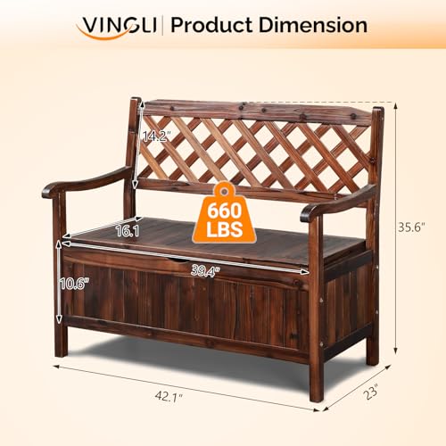 Image of VINGLI Outdoor Storage Bench, Large Wood Deck Box with Seating, Weatherproof Outdoor Bench with Storage Loveseat, 2-Person Wooden Patio Bench for Entryway, Backyard, Garden
