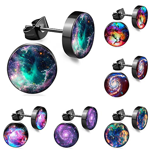 Image of FLYUN Fake Gauges, 6 Pairs Men's Earrings, Faux Plugs Black Stud Surgical Steel Screw Flat Back Punk Earrings Hypoallergenic 18G/1MM