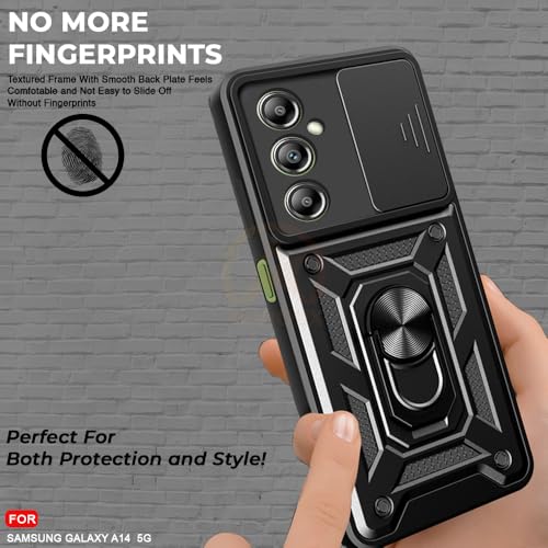 Image of Armor Bumper Back Cover Case for Samsung A14 Rotating Camera Cover, Ring Holder & Kickstand | Heavy Duty & 360 Degree Protection Samsung A14 Back Cover (Black)