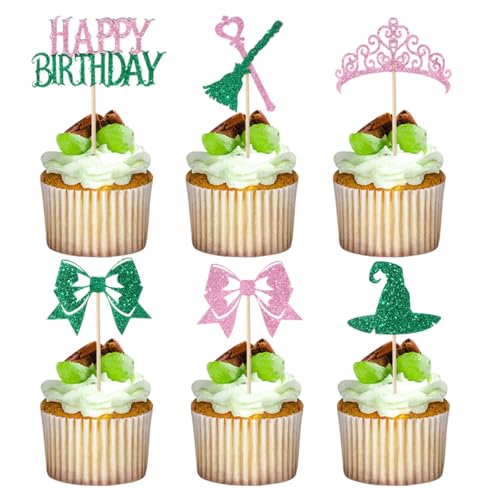 48Pcs Witch Birthday Cupcake Toppers Pink and Green Witch Themed Cupcake Toppers Bow Crown Witch Hat Cupcake Picks Witch Birthday Party Cupcake Decorations