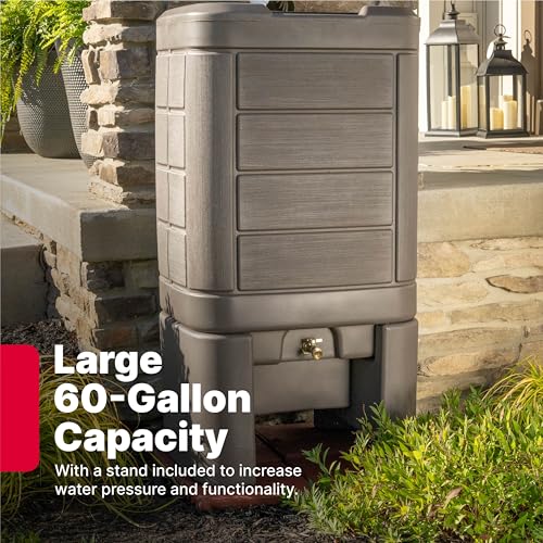 Image of Step2 Lakewood Rain Barrel with Stand, Outdoor Water Conservation Container, Holds 60 Gallons, Brown