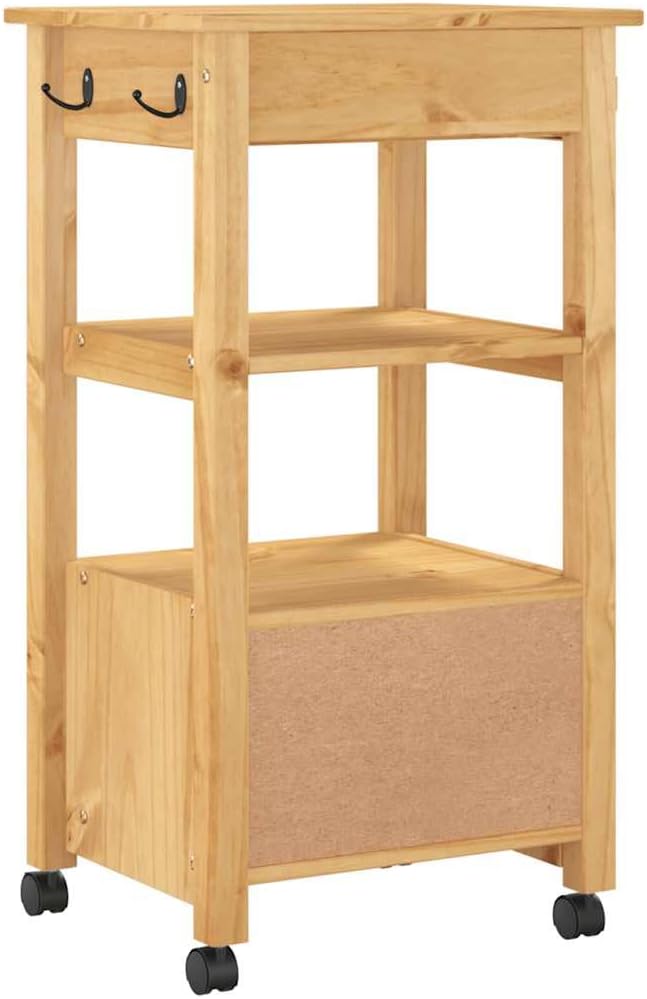 Kitchen Trolley Monza Solid Pine Wood 18.9"x15.7"x34.8" Rolling Kitchen Cart with Wheels Storage Drawers and Hooks Durable Kitchen Utility Cart for Food and Dining Use