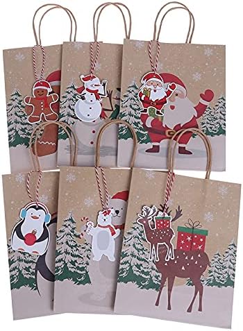 Sturdy Storage Box 6Pcs Khaki Bags Santa Kraft Paper Bag with Handle Package Party Candy Bags Xmas Decor Storage for Christmas, Halloween, Graduations, Weddings