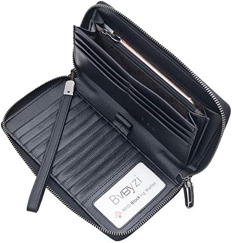 [Bveyzi] レディース財布 本牛革 RFID＆磁気スキミング防止 スマホ入れ可 ラウンドファスナー長財布 （大容量 カード17枚収納 多機能）ブラック