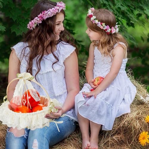 Flower Baskets for Wedding Fairy Lace Bowknot Wedding Flower Basket with Foldable Handle Satin Rose Artificial Crystal Decorative Baskets for Home Decor Storage Basket Party Supplies (1 Pcs) by Ncozwo - Image 4
