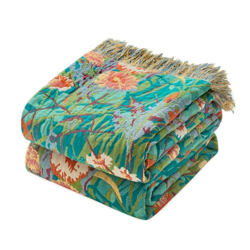 MSGKV Boho Throw Blanket for Couch Bed Chair 100% Cotton Muslin Breathable Floral Blanket 50"x60" Sofa Blankets for All Seasons Lightweight Farmhouse Blankets Boho Home Decor