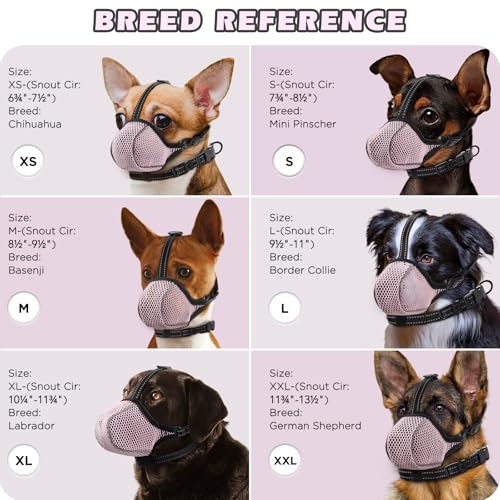 Image of Dog Muzzle,Mesh Soft Muzzle for Small Medium Large Sized Dogs, Breathable Reflective Adjustable Puppy Muzzles with Collar for Scavenging Grooming Biting Chewing,Allows Panting and Drinking(Pink L)