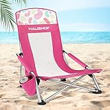 HAUSHOF High Back Beach Chair, Mesh Back Folding Chair, Lightweight Low Seat Camping Chairs with Cup Holder, Carry Bag, Padded Armrest for Outdoor Beach Lawn Camping Picnic Festival