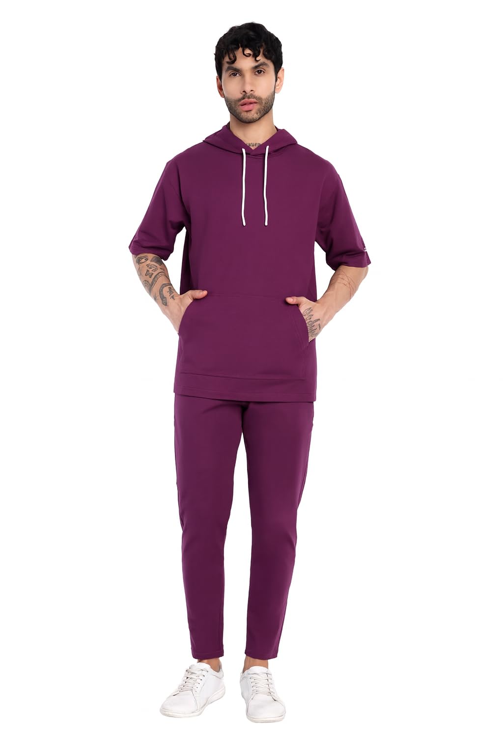 matelco Cotton Tracksuit Coord Set, Oversized Short Sleeve Hoodie T-Shirt with Pajama (IN, Alpha, L, Regular, Purple)-picture-10