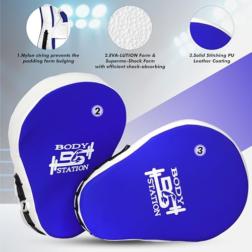 Image of Curved Focus Pad for Boxing, MMA, Karate, Taekwondo, Muay Thai, Kickboxing, Wushu, Aerobics Punch Mitts for Martial Arts Training, Bag Punching & Practice (Blue & White)