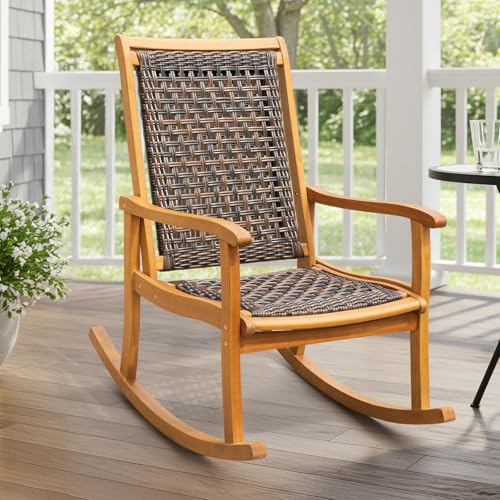 Idzo Wood Wicker Rocking Chair, 400 lbs Capacity, Durable Eucalyptus Wood, Natural Finish,...