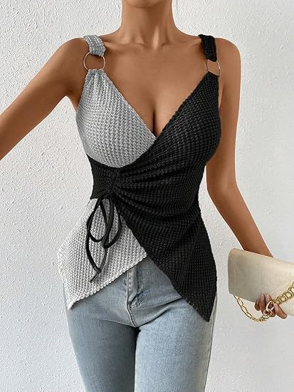 Chvity Womens Sleeveless Tops Color Block Waffle Knit Tank Tops Drawstring Asymmetrical V Neck T Shirts Slim Fit Western Tops - Image 2