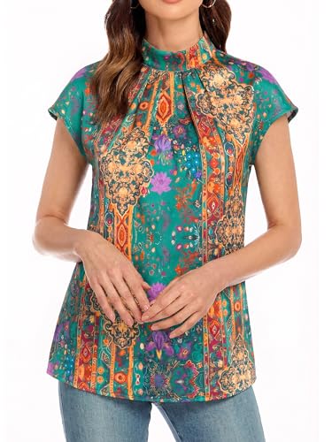 Image of Funlingo Womens Summer Tops Mock Neck Short Cap Sleeve Blouses Business Casual Work Chiffon Shirts Front Pleated Tunic Top
