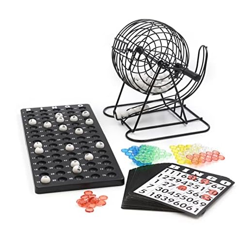 Bingo Spiel Metalltrommel 18 Bingotickets 75 Bingo Kugeln 150 Chips Spielbrett schwarz Erwachsene Kinder Basic