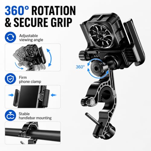Image of TrendMax TM06 Bike Phone Holder with Cooling Fan, 360 Rotating Motorcycle Mobile Mount, Strong Grip Handlebar Clamp, Adjustable Smartphone Holder for Bicycle, Cycle, Scooter & Scooty