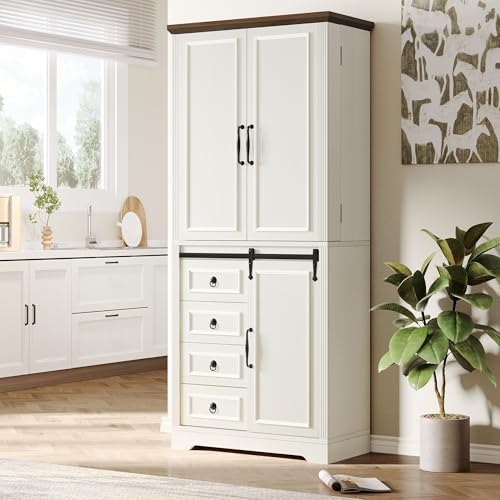 DWVO 71" Kitchen Pantry with Sliding Barn Door & Storage Drawers, Farmhouse Tall Storage Hutch Cabinet with Adjustable Shelves, Versatile Organizers for Living Room, Dining Room, Hallway, Off White