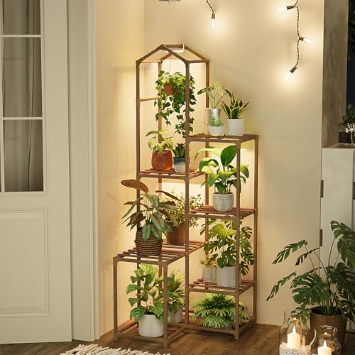 Image of Bamworld Tall Corner Plant Stands with Grow Lights Indoor Outdoor Plant Shelves for Multiple Plants Display Haning Planter Living Room Pation Garden Decor