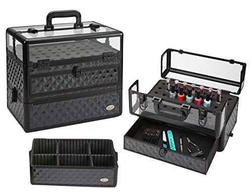Seya Professional 45 Nail Polish Clear Panel Makeup Artist Organizer Cosmetic Case w/Slide Out Drawer - Black Diamond