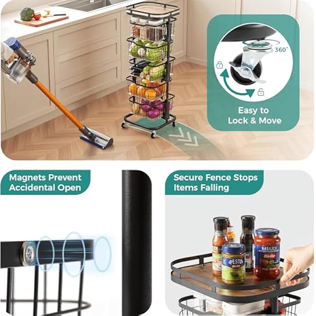 5 Tier Kitchen Fruit Vegetable Storage Cart with One-Piece Rotating Basket, Pantry Organizer Shelf Rack Floor Stand for Veggie Onion Potato Produce Spice, Rolling Snack Cart on Wheels, Black-Nb8r08Ly