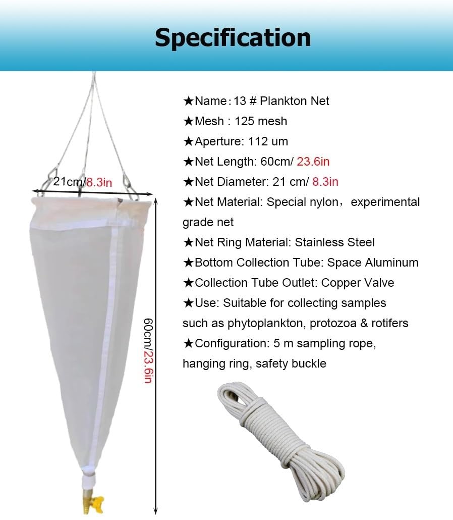 Red de recolección de plancton de 23,62", Red de muestreo de Nailon de Malla 125/200 para protozoos y rotíferos (112 μm) - Ideal para investigación acuática, educación y Estudios ambientales
