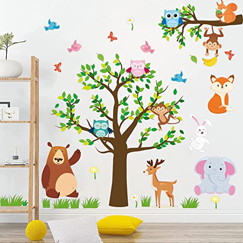 Supzone Jungle Animal Wall Stickers Forest Animal Tree Wall Sticker Owls Wall Decals for Kids Baby Nursery Playroom Bedroom Classroom Kindergarten Wall Decor