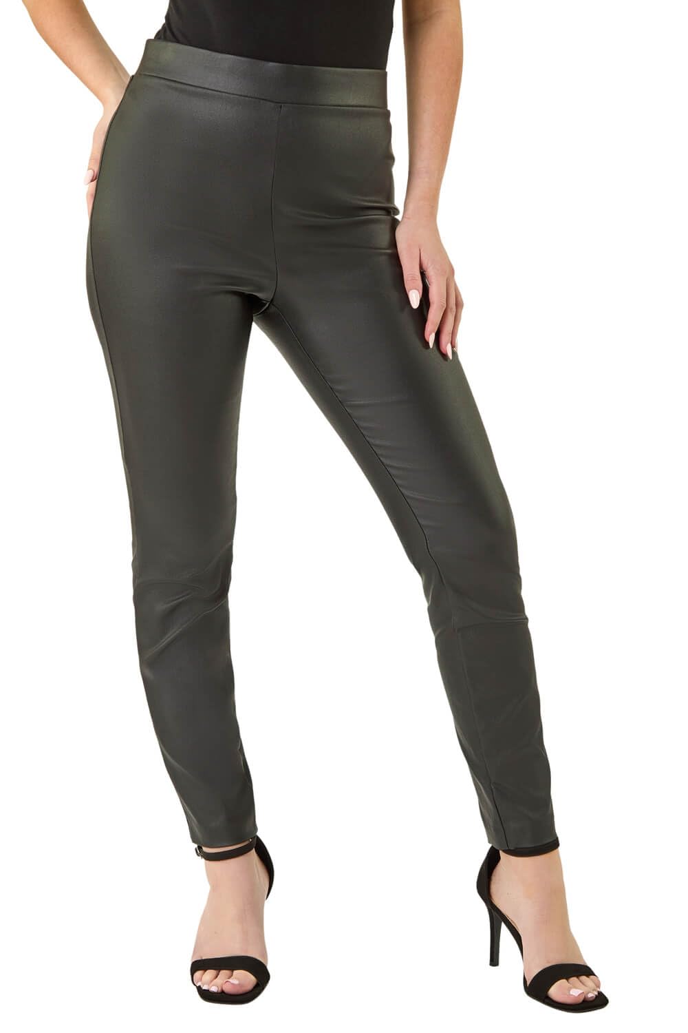 Roman Originals Petite Faux Leather Pull On Trousers for Women UK - Ladies Autumn Everyday Winter Holiday Pull-On Comfy Soft Vacation Work - Petite Black - Size 18
