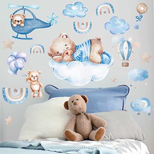 Whaline 4 Pcs Bear Wall Stickers Blue Bear Sweet Dream Wall Decals Rainbow Moon Hot Air Balloon Star Mural Stickers For Kids Baby Interior Nursery Bedroom Birthday Party Decoration, 11.8 X 11.8 Inch #TOP4