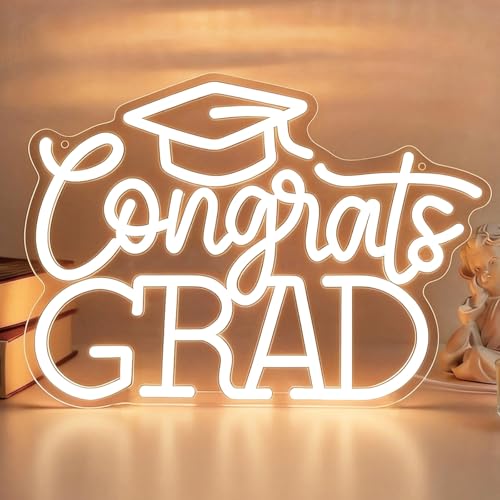 Congrats Grad Neon Sign with Graduation Cap Warm White LED Neon Light with Dimmer USB Powered Neon Sign for Wall Decor Classroom Party Graduation Celebration Gift (16.5 x 10.7 in)