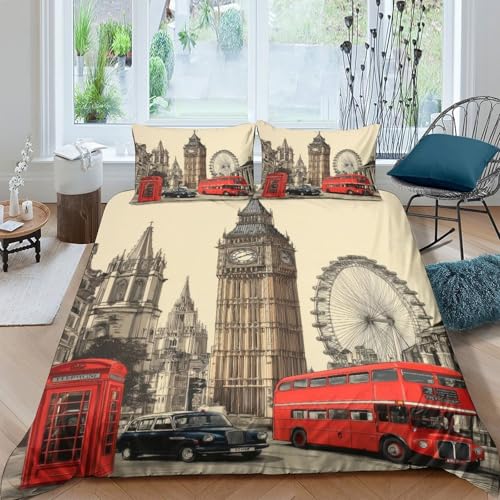 XGASVBKWA London Landmarks Parure de Lit Respirante Microfibre 3 Pièces 3D Imprimée Vintage...