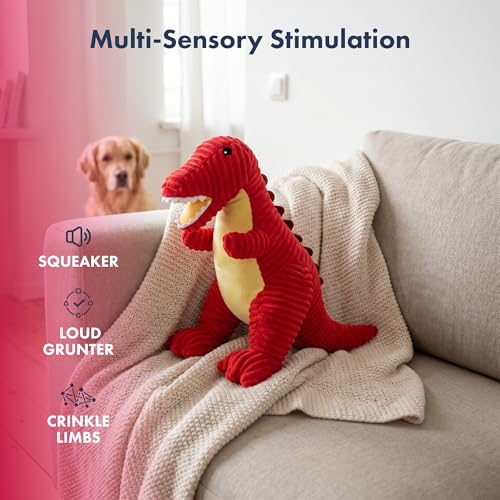PETLOU T-Rex Quietschendes Hundespielzeug für mittelgroße bis große Hunde, strapazierfähiges Plüsch mit Knisterschleifer, strukturierter Stoff für interaktives Spielen, Rot-5