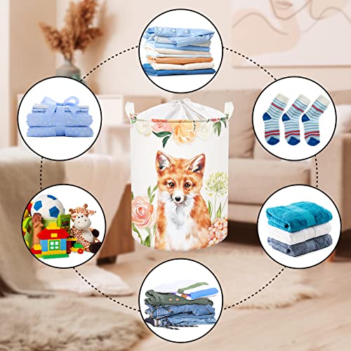Clastyle 45L Fox Pink Flowers Laundry Basket With Handle Spring Garden Blossom Floral Laundry Hamper With Drawstring Cute Animal Round Toy Clothes Storage Basket For Bedroom, 14.2X17.7 In #TOP5