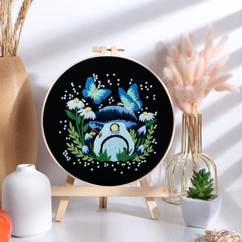 Image of FONNUY Crewel Embroidery Kit for Beginners, Pre-Stamped Pattern Kits for Adults with Hoop, Easy to Follow Color Thread Needlework, 8'' Hoop (Mushroom A)