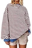 UEU Womens Oversized Colorblock Sweatshirt Casual Striped Shirts Crewneck Long Sleeve Pullover Tunic Tops Coffee Striped XX-Large