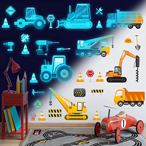 Glow In The Dark Construction Wall Decals,Luminous Construction Wall Stickers Decals Glowing Self-Adhesive Truck Car Excavator Stickers For Ceiling Decor Kids Baby Room Wall Stickers Decor Boys Gifts #TOP3