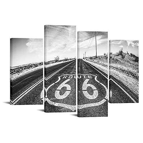 VANSEEING Leinwandbild, Motiv Route 66 in Kalifornien, Mojave, Wüstenlandschaft, Malerei, Bilderdrucke, gerahmt, modern, 4-teilig, Schwarz / Weiß Cover