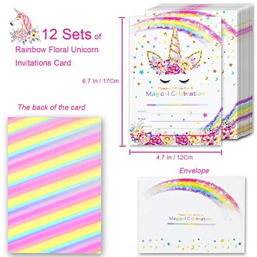24pcs Unicorn Invitations with 24 Envelopes, Rainbow Glitter Unicorn Birthday Party Invitation Cards for Kids Birthday Baby Shower Unicorn Party Supplies Double Sided - Thumbnail 2