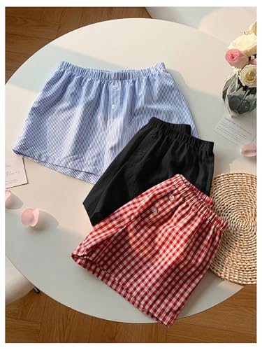 Image of MakeMeChic Women's 3 Pack Linen Shorts Gingham Striped Beach Shorts